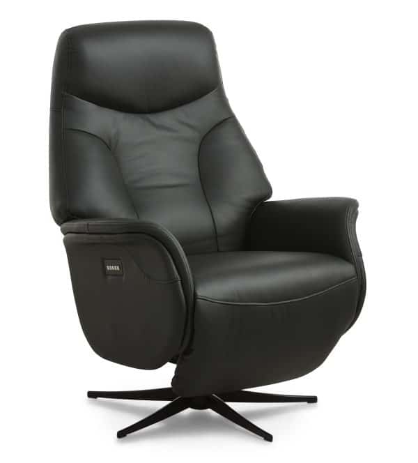 Storm recliner stol, m. 2 motorer, armlæn, vippefunktion, fodskammel - sort læder/PVC og sort metal
