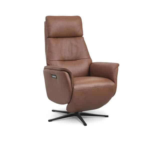 Malthe recliner stol, 3 motorer, armlæn, vippefunktion, fodskammel - cognac semianilin læder/metal