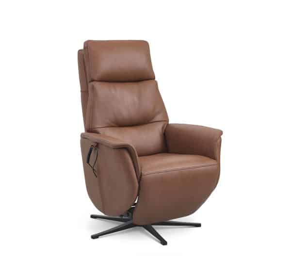 Nicolai recliner stol, 3 motorer, armlæn, vippefunktion, fodskammel - cognac semianilin læder, metal