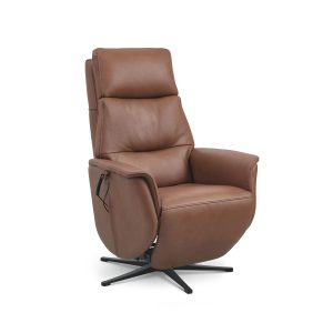 Nicolai recliner stol, 3 motorer, armlæn, vippefunktion, fodskammel - cognac semianilin læder, metal